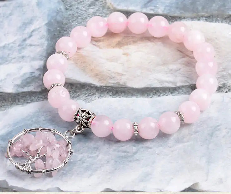 Rose Quartz Chakra Bracelet with a Tree of Life Charm