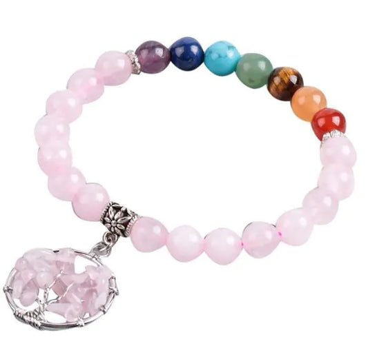 Rose Quartz Chakra Bracelet with a Tree of Life Charm