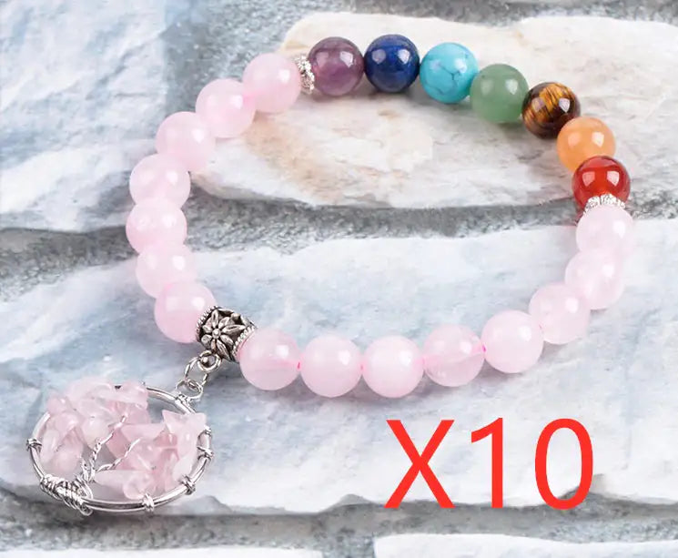 Rose Quartz Chakra Bracelet with a Tree of Life Charm