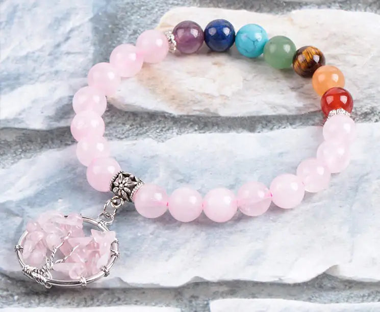 Rose Quartz Chakra Bracelet with a Tree of Life Charm