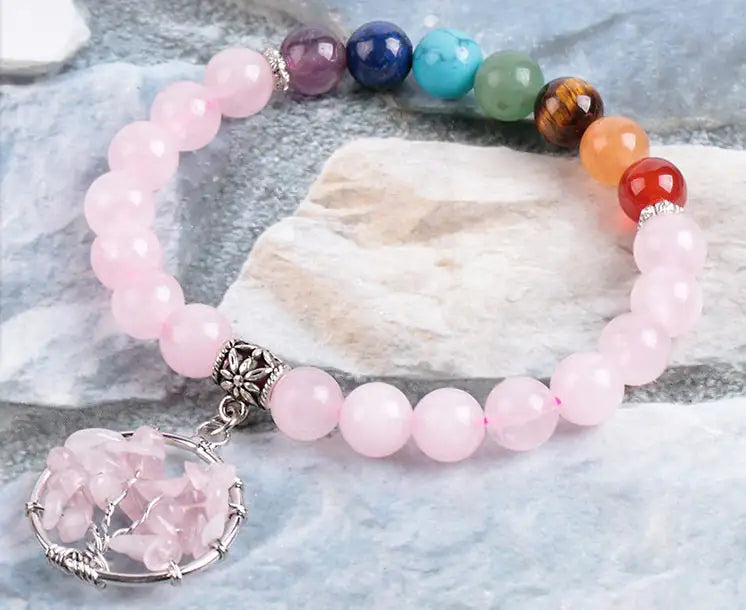 Rose Quartz Chakra Bracelet with a Tree of Life Charm