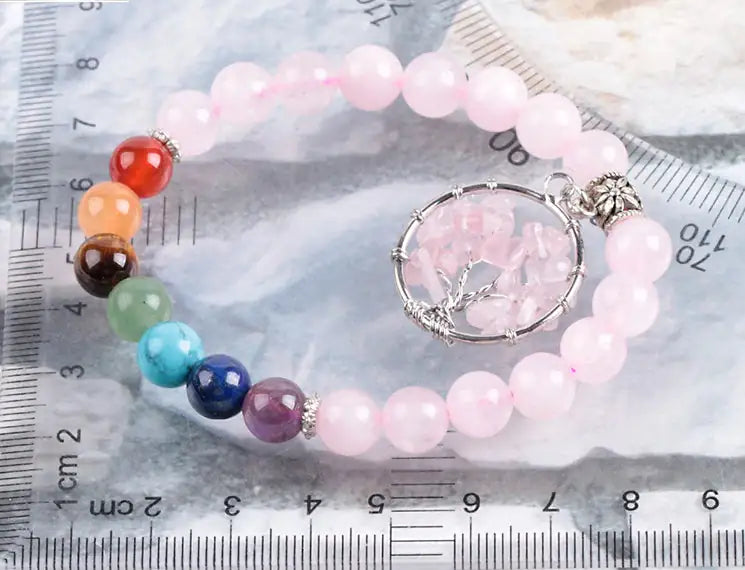 Rose Quartz Chakra Bracelet with a Tree of Life Charm